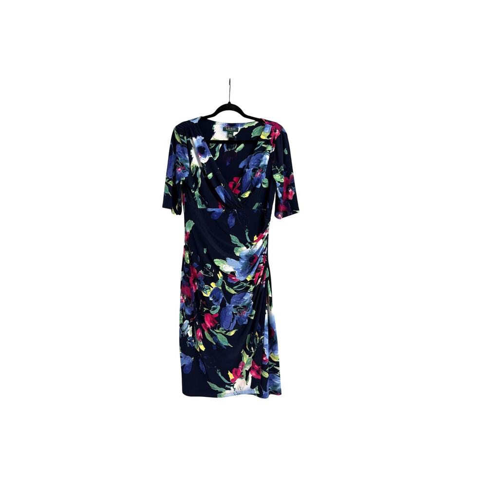 Lauren Ralph Lauren Floral Faux Wrap Cinched Side Midi Blue Dress Size 10